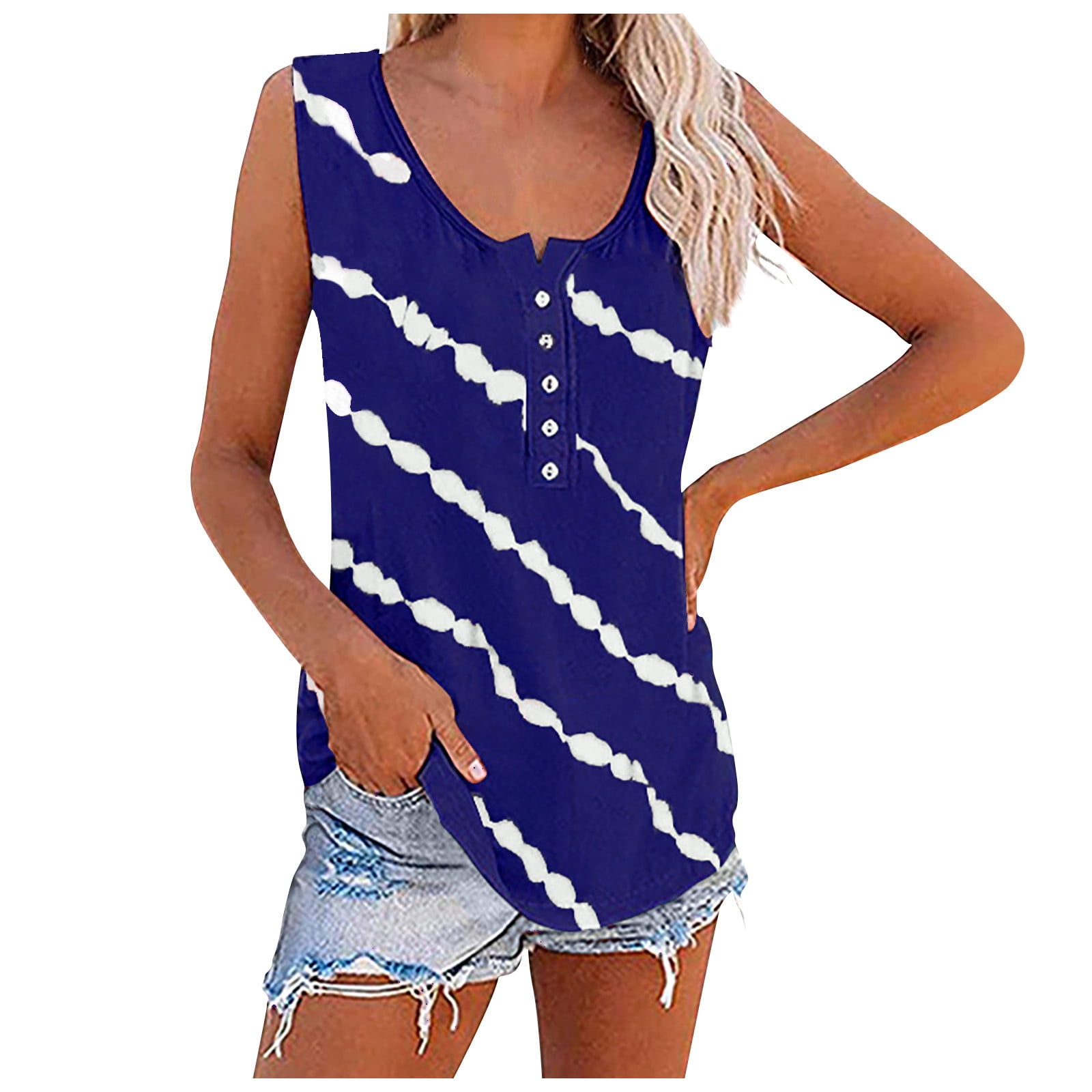 Timegard Plus Size Tank Tops for Women Striped Sleeveless Button Round Neck Shirts Casual Print Tunic Top