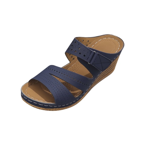 Xfvqtps Slide Sandals for Women Wedge Sandals Hollow out Hook and Loop Strap Open Toe Leather High Heels