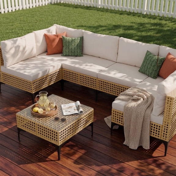 Homall 7 Pieces Patio Furniture Conversation Set Outdoor Wicker Premium PE Rattan Sofa with Tempered Glass Coffee Table All-Weather for Garden Poolside Porch,Beige