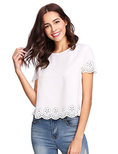 SheIn Womens Casual Round Neck Summer Short Sleeve Scallop T-Shirt Top Blouse