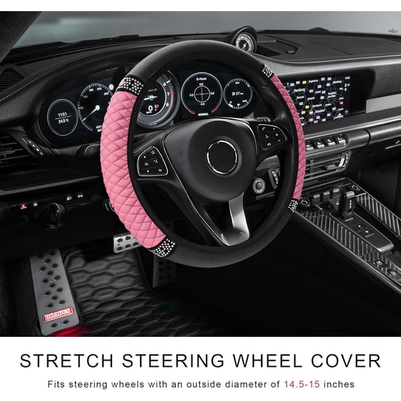 JINYUN-Bling Soft Leather Steering Wheel Cover, 14.5-15 Inch Sparkly Rhinestones Non-Slip Car Steering Wheel Protector, Elastic Auto Steering Wheel Cover Interior for Women Girls (Pink)