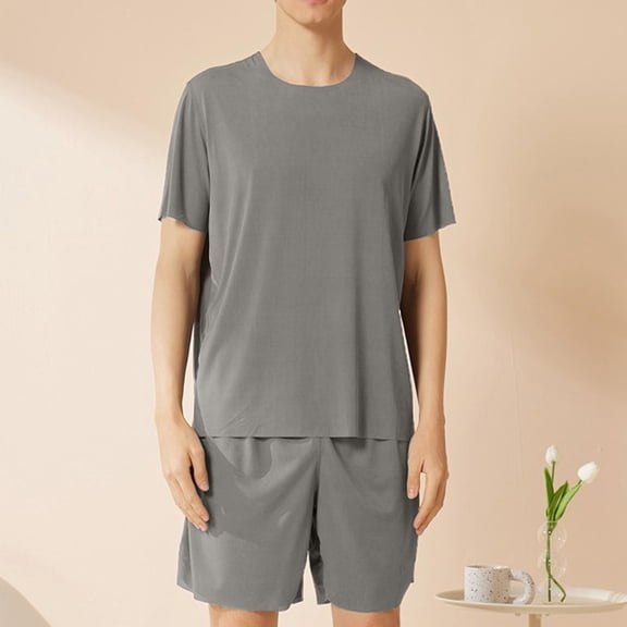 Blmnix Bamboo Pajamas Pajamas for Men Sleepwear Sets Summer Pjs Sleepwear Gray Short Sleeve Crew Neck Cropped Pajama Shorts Men,XXL