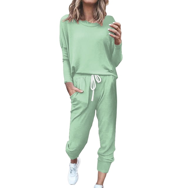 Conjunto de jogging de 2 piezas para mujer: camiseta de manga larga y pantalones de chándal con cordón. Conjunto informal de poliéster para todas las estaciones.