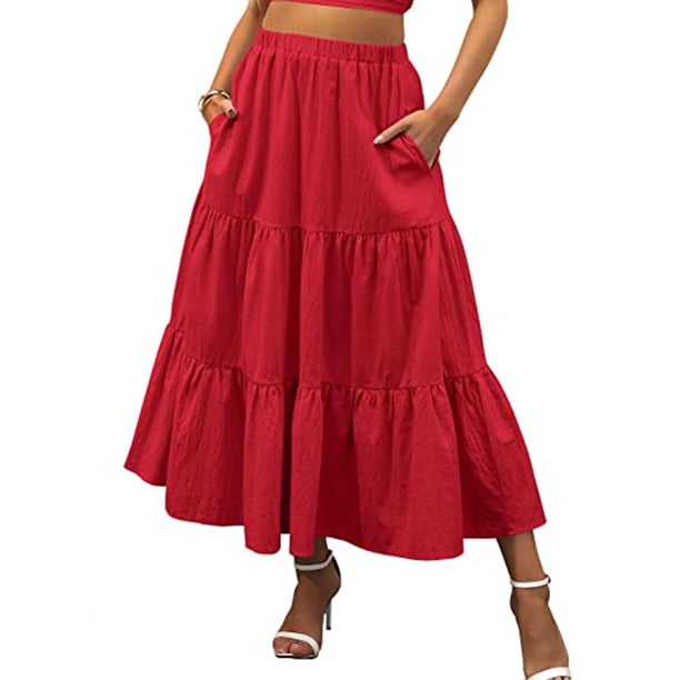 VISgogo Falda de verano para mujer Boho cintura elástica plisada A-Line Flowy Layered Long Beach Falda con bolsillos VISgogo moda