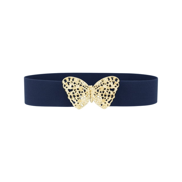 Cinturones elásticos de mariposa dorada para mujer, cinturilla elástica vintage y elegante para vestido abrigo 65x5cm/25.6x2.0" Azul Marino