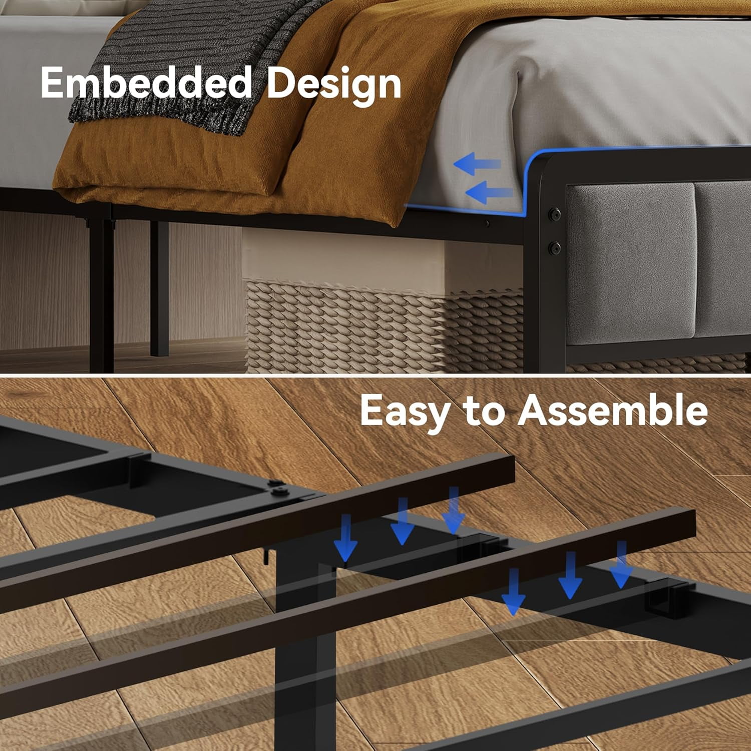 Sailvan Full Size Bed Frame with LED Lights Headboard, Full Bed Frame with Storage & USB Charging, Cushion, Metal Platform Bed Full, No Box Spring Needed, Easy Assembly, Gray
