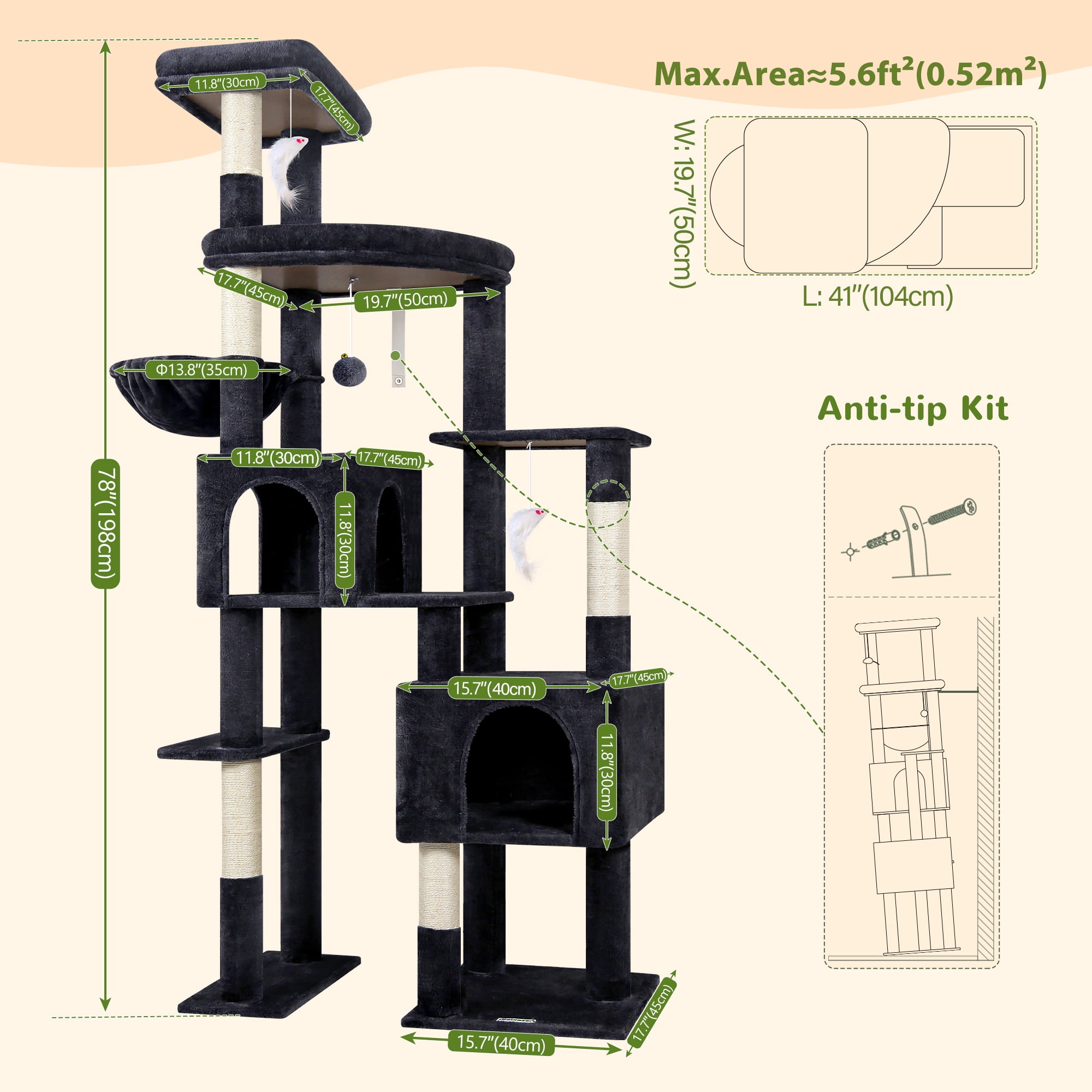 Globlazer Heavy Duty Cat Tree 78 inch Sturdy Cat Tower for 20lbs Large Adult Cats, Symmetrical Aesthetic Big Cat Tree with Extra Large Platform, F78C, Dark Grey