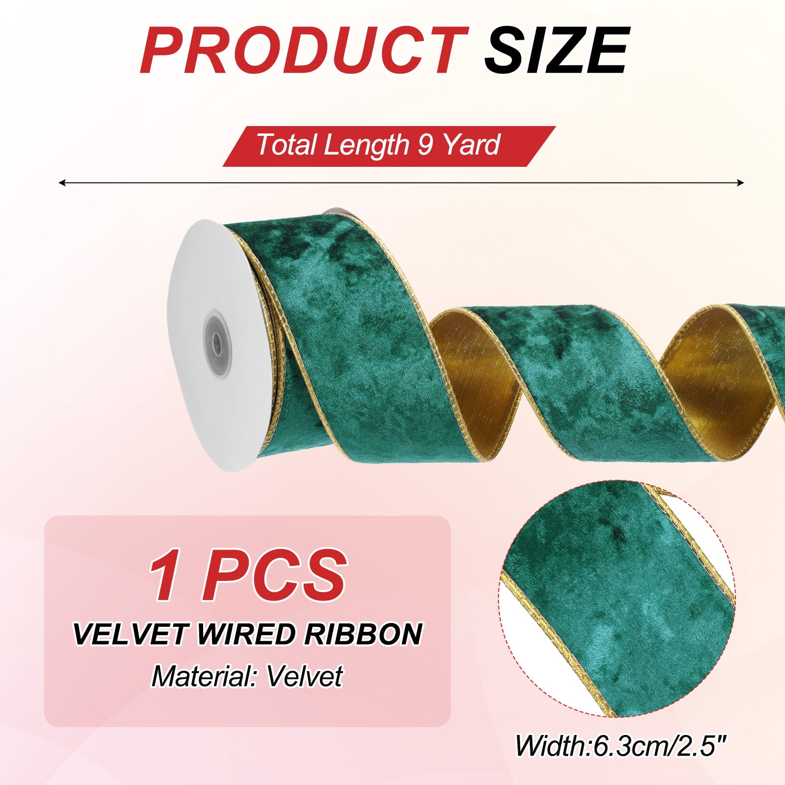 Uxcell 2.5" x 10 Yards Velvet Wired Gold Crushed Ribbon for Bow Decor Dark Green