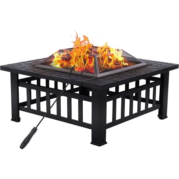 32" Steel Square Fire Pit for Outside, Wood Burning Outdoor Firepit Includes Fire Poker and Cover, for Outdoor Heating, Garden,Backyard,Camping,Black