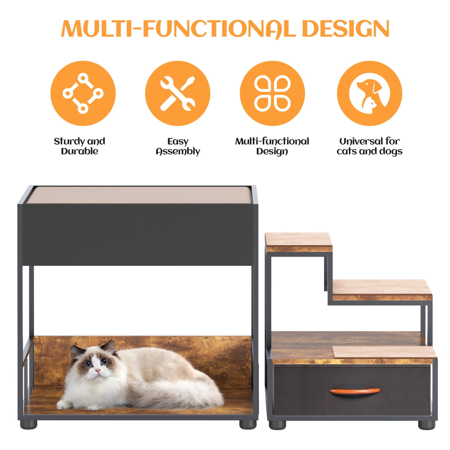 Lisonu Dog Window Perch with Steps, 2-Tier Bunk Bed Pet Platform with Storage Drawer, Removable Cushion, Non-Slip Pad, Multi-Level Cat Dog Lounge for Small Medium Pets, Vintage Black, 90lbs Capacity