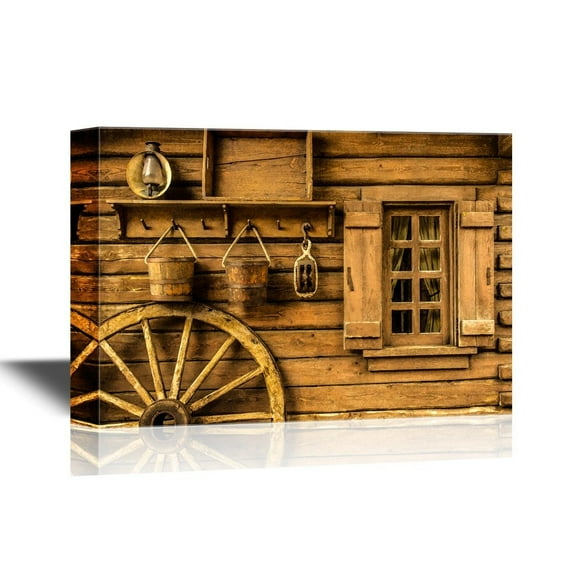 wall26 Retro Style Canvas Wall Art - Detail of Old Wagon Wheel Next to a Wooden Wild West Typical House - Gallery Wrap Modern Home Art | Ready to Hang - 24x36 inches