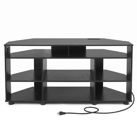Furnibear Corner TV Stand for TVs up to 55 Inches, 46.5-Inch Media Console with Charging Station and 3 Adjustable Shelves, Black
