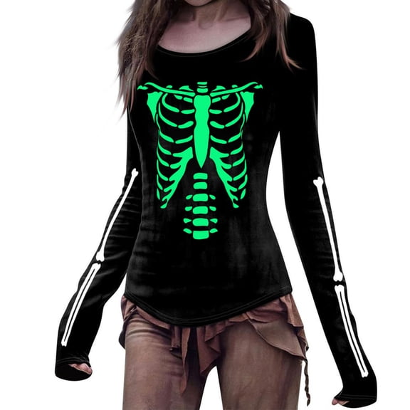Womens Halloween Blouses Skull Graphic Printed Crew Neck Long Sleeve T Shirts Casual Top Y2K 2025 Basic Tee Beach