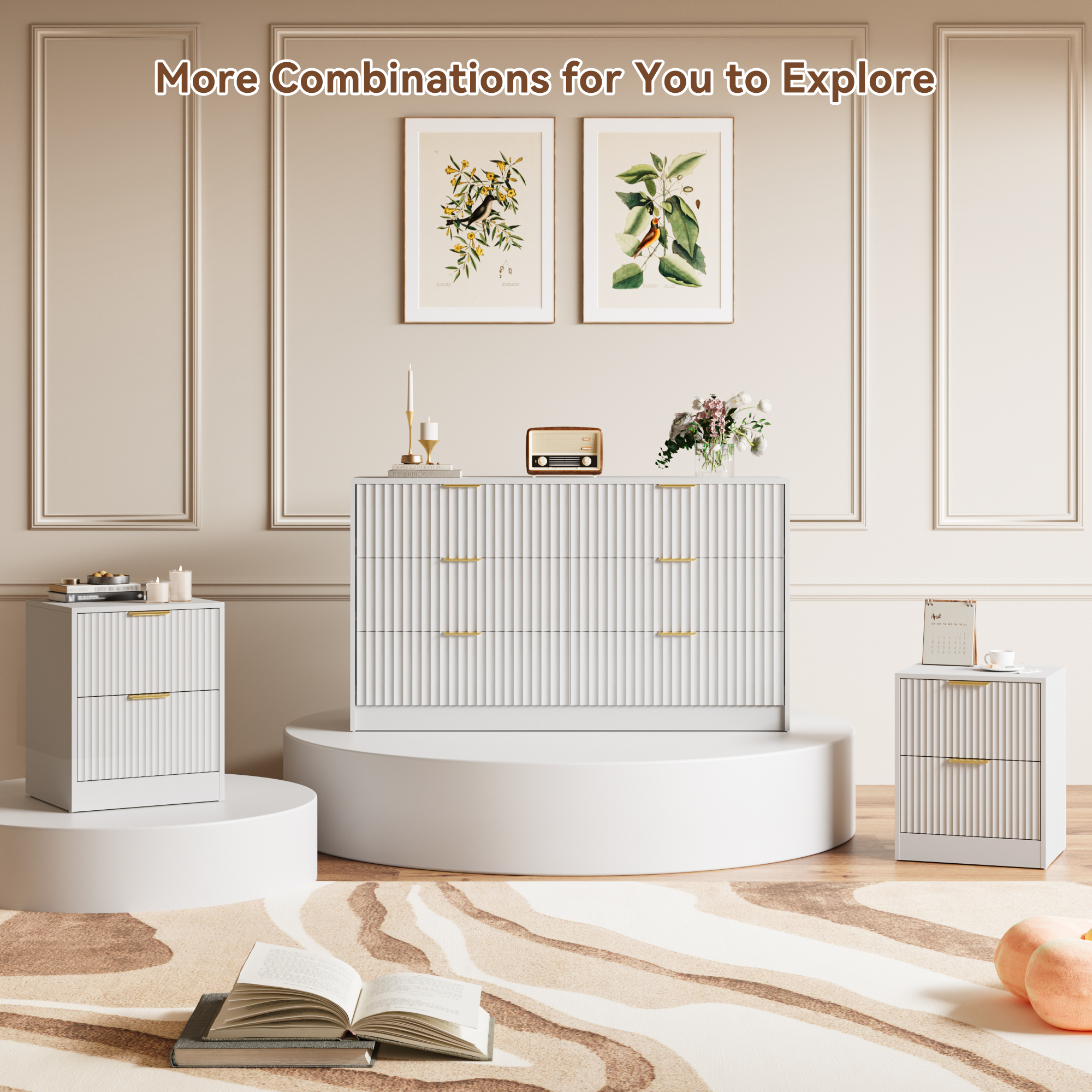 YouTrend 6 Drawer Dresser for Bedroom,55.1"Width Fluted Wood Chest of Drawer with Golden Embedded Handles for Living Room,White