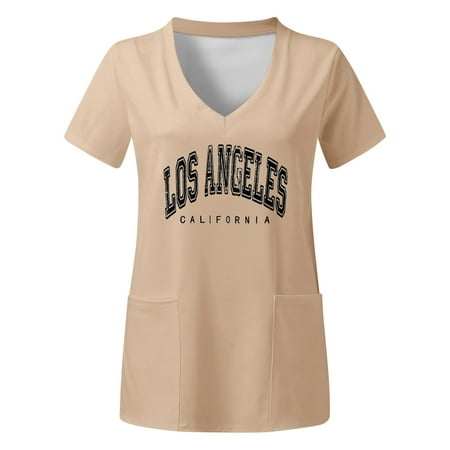 

Women Scrubs Tops Plus Size Top V Neck Short Sleeved Pockets Prints T Shirt Nurse Workwear