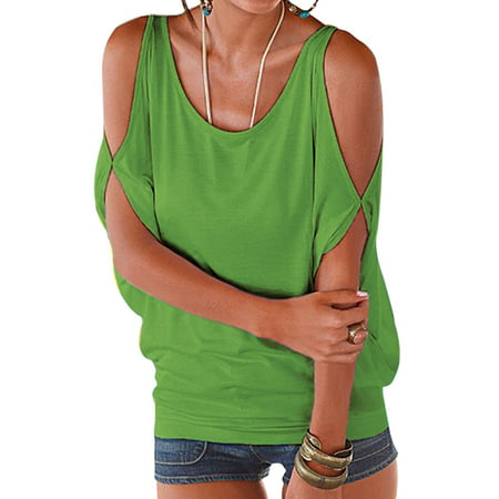 Women Summer Cold Shoulder Loose Top Blouse Ladies Casual Tops T-Shirt Short Bat Sleeve Scoop Neck Baggy