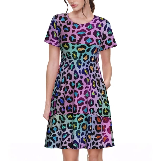 Disketp Rainbow Animal Skin para Vestido de Manga Corta para Mujeres, Vestidos de Verano para Mujeres, Casual y Holgado para la Playa