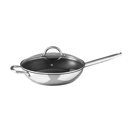Gourmet by Bergner - 12  Non Stick Stainless Steel Fry Pan with Vented Glass Lid and Helper Handle  12 Inches  Polished