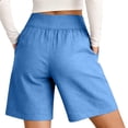 thumbnail image 3 of Women's Cotton Linen Mid Rise Elastic Waist Shorts with Pockets Cozy Fashion Solid Casual Knee Length Summer Beach Daily Shorts 06-Light Blue S, 3 of 4