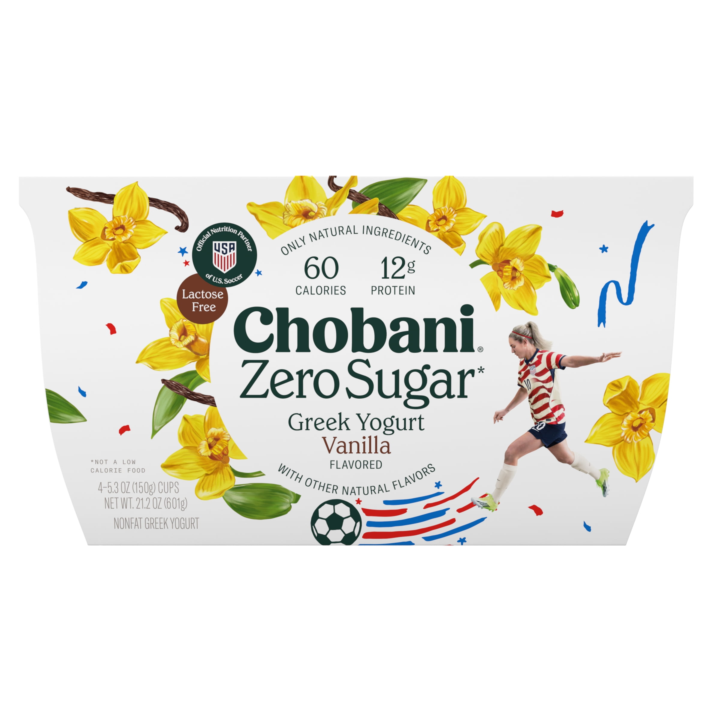 Chobani Zero Sugar Non-Fat Greek Yogurt Vanilla 5.3 oz Cup, 4 Pack