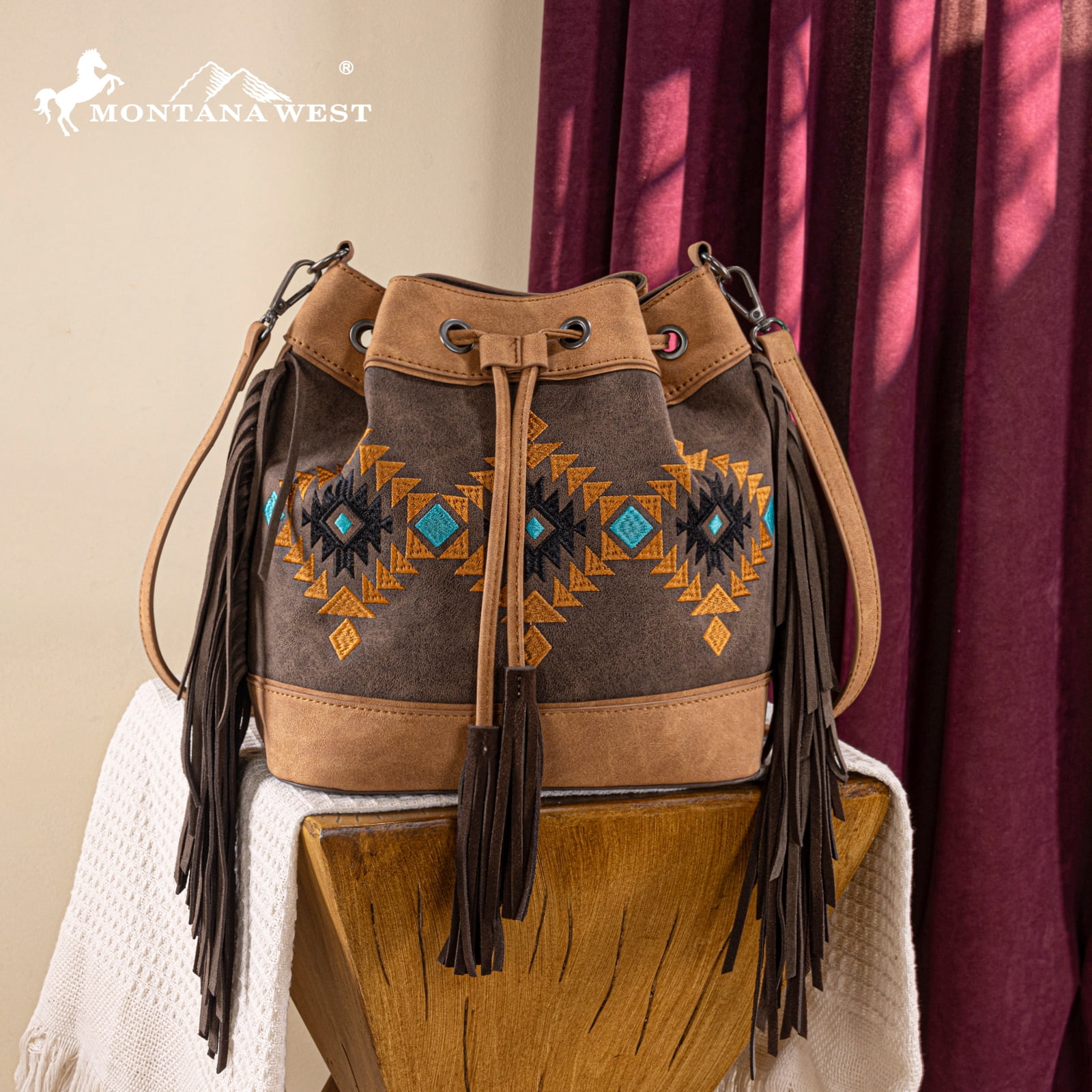Montana West Aztec Bucket Bags for Women Western Fringe Crossbody Bag Vintage Drawstring, Brown
