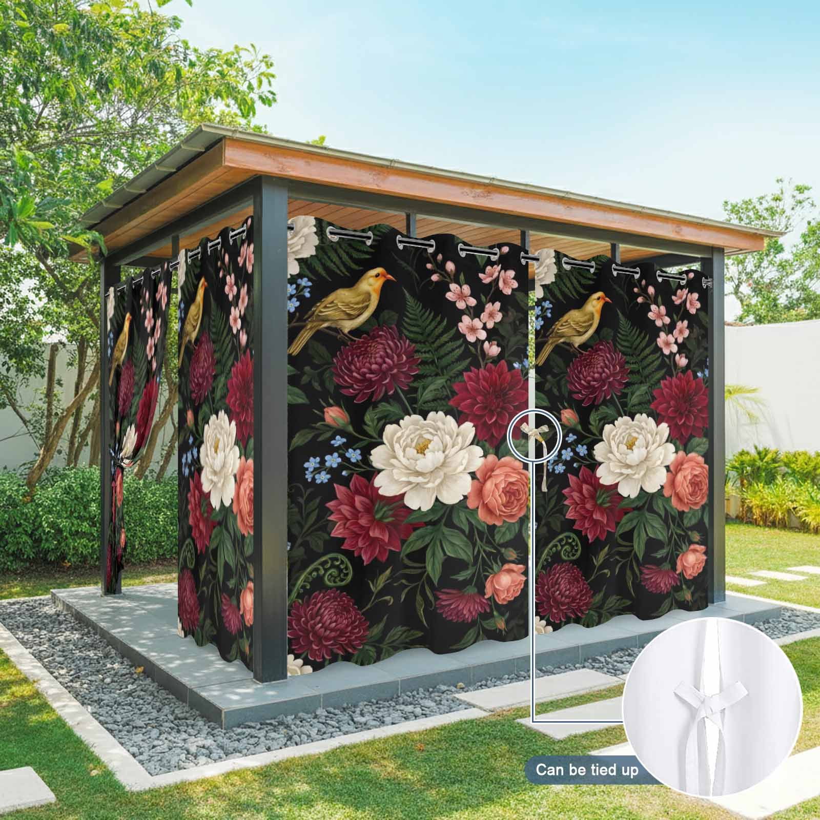 Peony Rose Outdoor Curtains for Patio, Rustic Botanical Vintage White Red Flower Fern Leaf Sunshade Privacy Drapes Grommet Waterproof Outside Curtains for Porch/Cabana/Balcony 54"x 108", 1 Panel