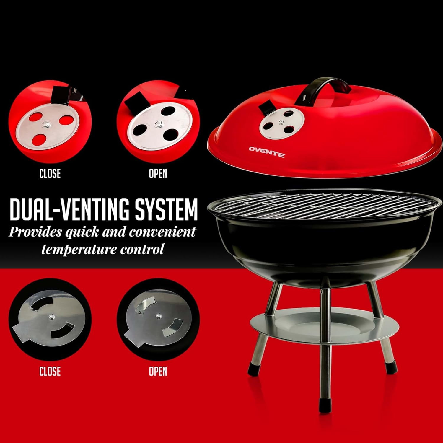 OVENTE 14-Inch Portable Charcoal Grill with Dual Venting System for Outdoor Cooking, Lightweight and Easy to Use Small Barbecue Griller for Backyard, Patio, Camping, Picnic and Parties, Red GQR0400BR