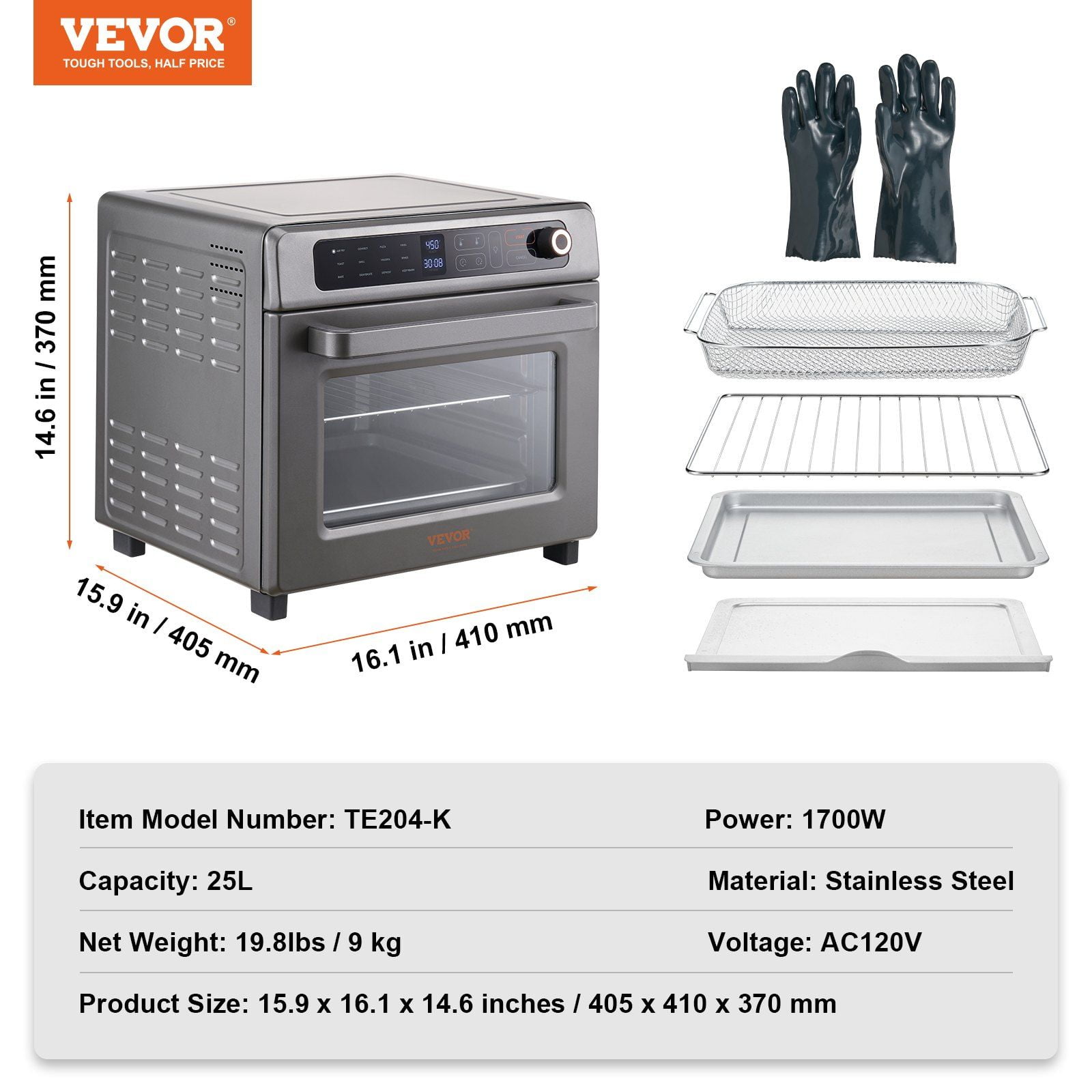 1700W Powerful 25L Stainless Steel Air Fryer Toaster Oven, 12-in-1 Countertop Convection Oven Combo with Grill, Pizza Pan & Gloves, Makes 12 Slices of Toast & 12-inch Pizza, Multi-Use