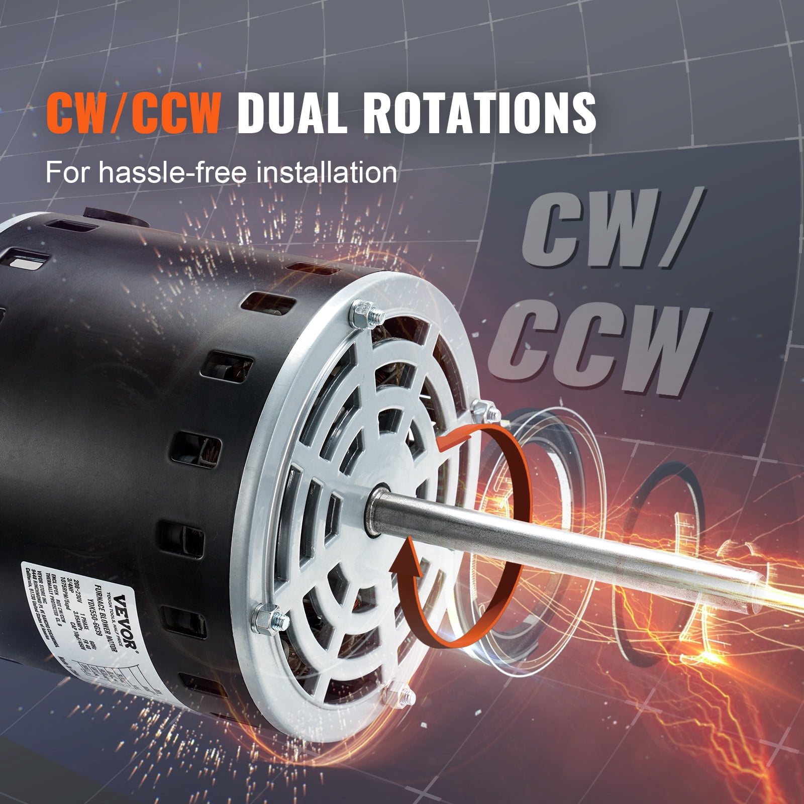 VEVOR 3/4HP Furnace Blower Motor, 208/230V 3.85Amps, 1075RPM 5 Speeds, CW/CCW Rotation, 48 Frame 4.8" Shaft Length, 10μF/450V Capacitor + 11" Hold Hoop