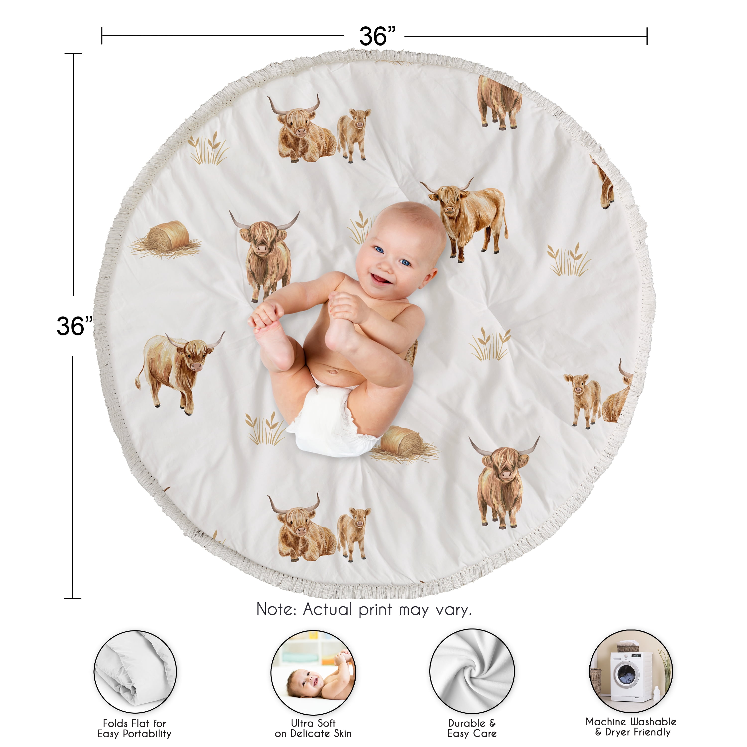 Sweet Jojo Designs Boho Highland Cow Boy, Girl, Unisex/Gender Neutral Baby Tummy Time Play Mat