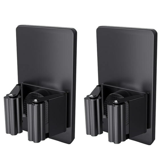 2-Pack Self Adhesive Broom Holder Wall Mount - Heavy Duty No Drill Broom Organizer for Garage Closet Kitchen, Plastic Storage Rack for Brooms Mops Tools, Peel and Stick Adhesive(Black)