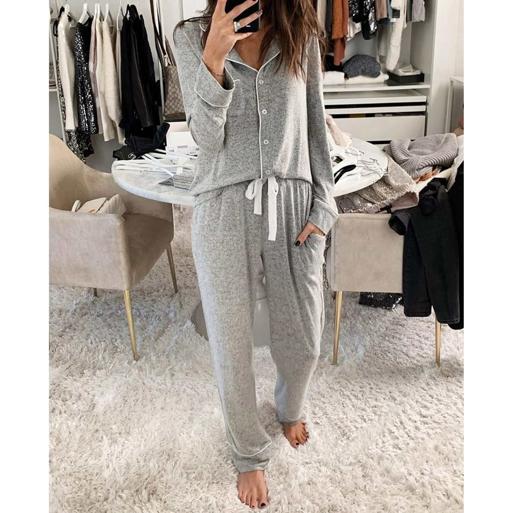 Women s Gray Sound Asleep Button Down Pajama Set Walmart