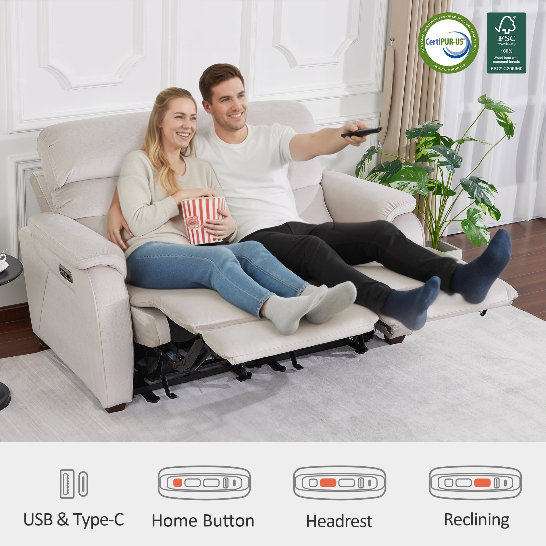 MCombo Zero Wall Hugger Power Recliner Loveseat for Living Room, RVs, Small Spaces, Fabric, Beige