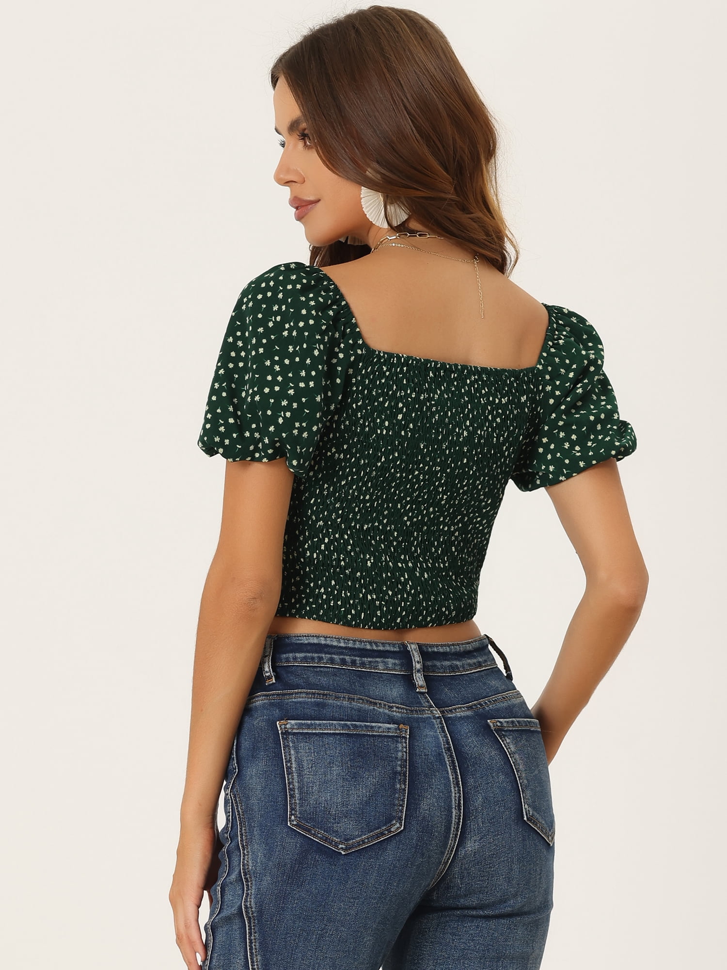 Unique Bargains Women's Floral Smocked Puff Sleeve Crop Top Summer Casual Blouse XS Green