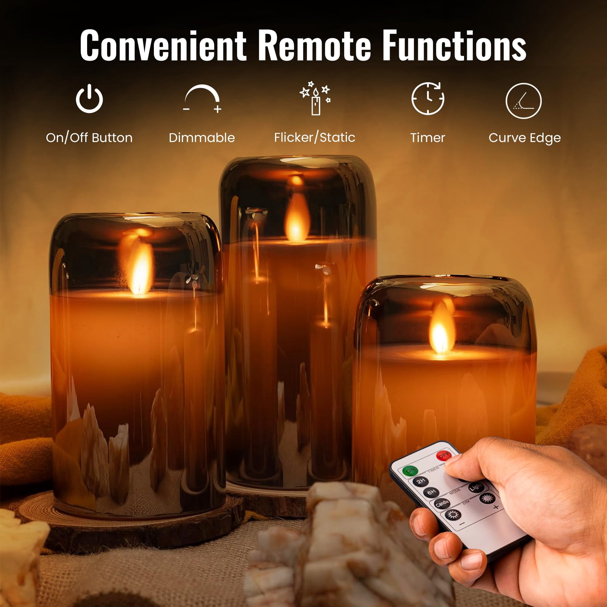 WYZworks LED Mirrored Glass Round Hurricane Pillar Flameless Candles, Real Wax Realistic Wick  Flickering Flame, Battery Operated (Included), Remote & Timer (Set of 3, Silver Gray Metallic)