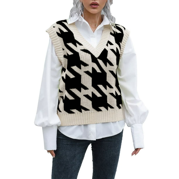 Women V Neck Sleeveless Knit Sweater Top Plaid Pullover Sweater Vest Women Casual Knitwear for Autumn Winter Black L