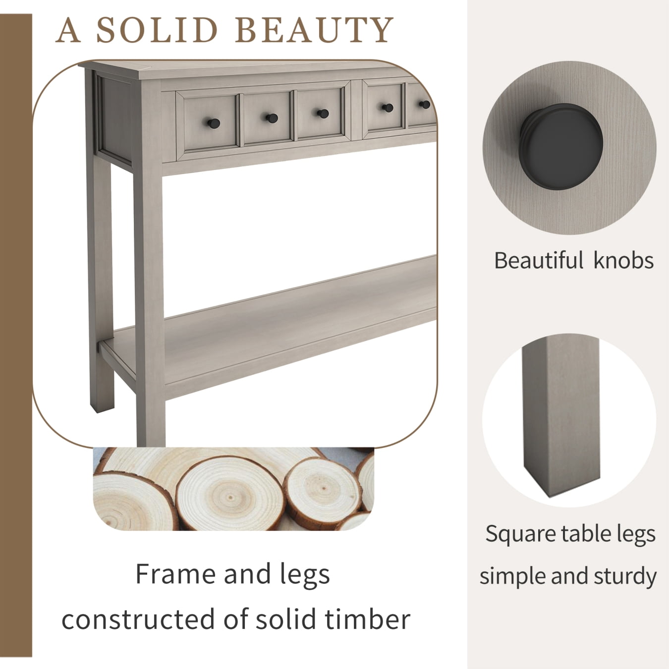 Console Table, Console Tables for Entryway with 4 Drawers and Open Storage Shelf, 60" Long Sofa Table in Solid Wood, Narrow Console Table for Living Room, Couch, Hallway, Foyer, Kitchen Counter, Grey