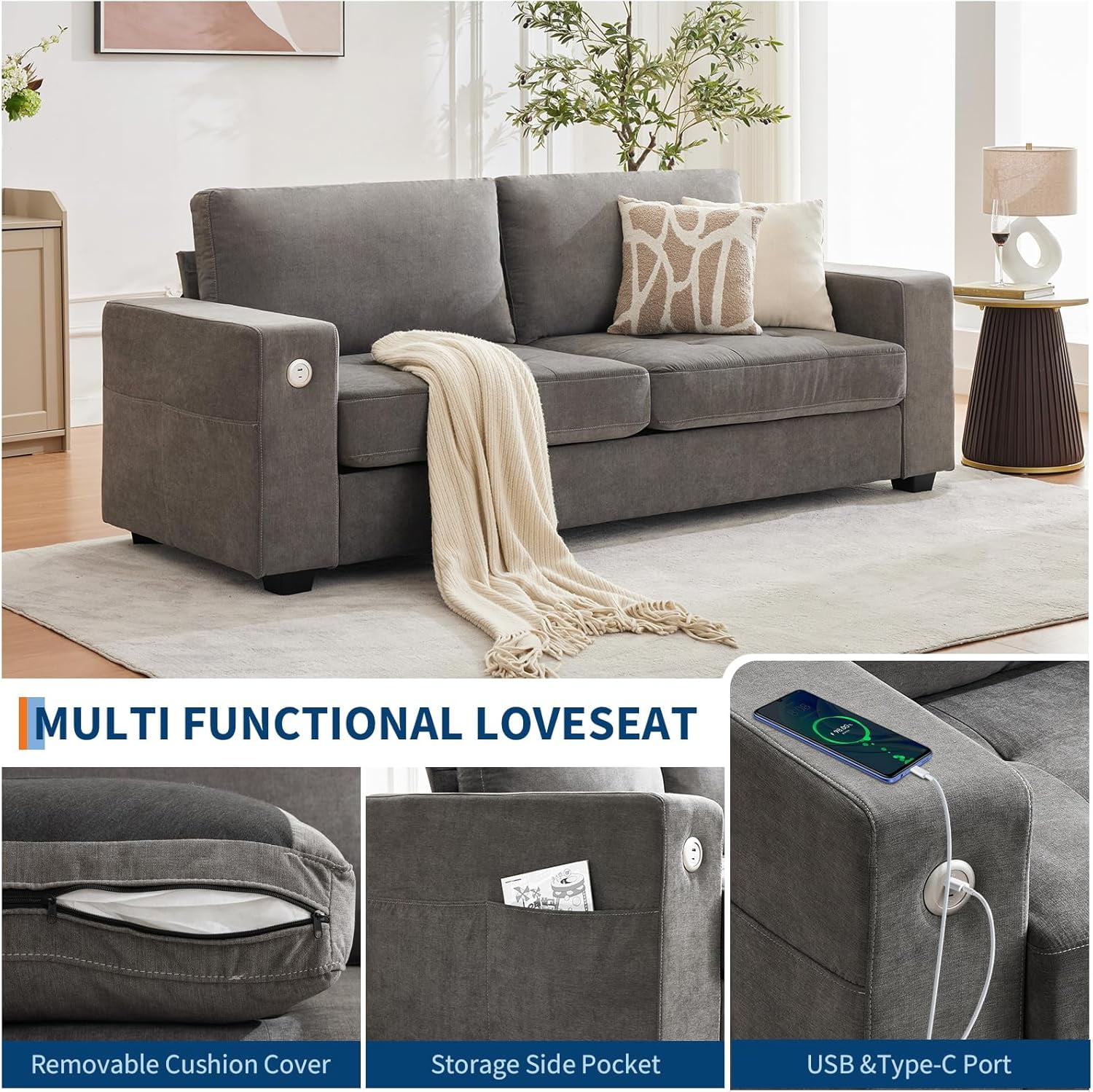 LIZHOUMIL 90" Modern Loveseat w/USB Ports, Chenille & Removable Covers