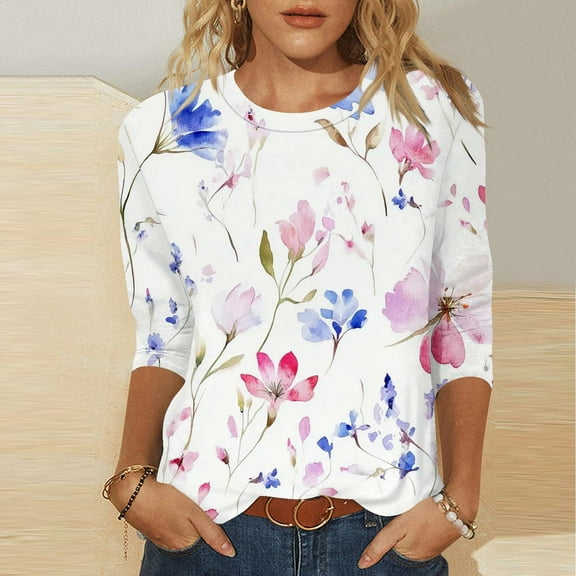 Jsaierl 3/4 Sleeve Womens Tops Summer Round Neck Shirts Fashion Graphic Petite Blouses Workout Loose Fit Tunic Top S-3XL