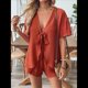 thumbnail image 5 of Conjunto de Dos Piezas para Mujer: Camiseta y Pantalones Cortos con Escote en V, Corta, Lazo y Abertura. Conjunto de Dos Piezas para Estar en Casa. Color Naranja XL, 5 of 10