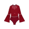 thumbnail image 5 of TSSOE Womens Mesh Flare Sleeve Bodysuit Mock Neck Sheer Leotard Gymnastics Figure Skating Dancewear Burgundy M, 5 of 7