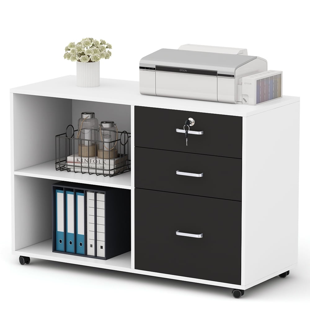 Tribesigns 3 Drawer Wood File Cabinets Large Modern Lateral Mobile Filing Cabinets Printer Stand With Wheels Open Storage Shelves For Home Office