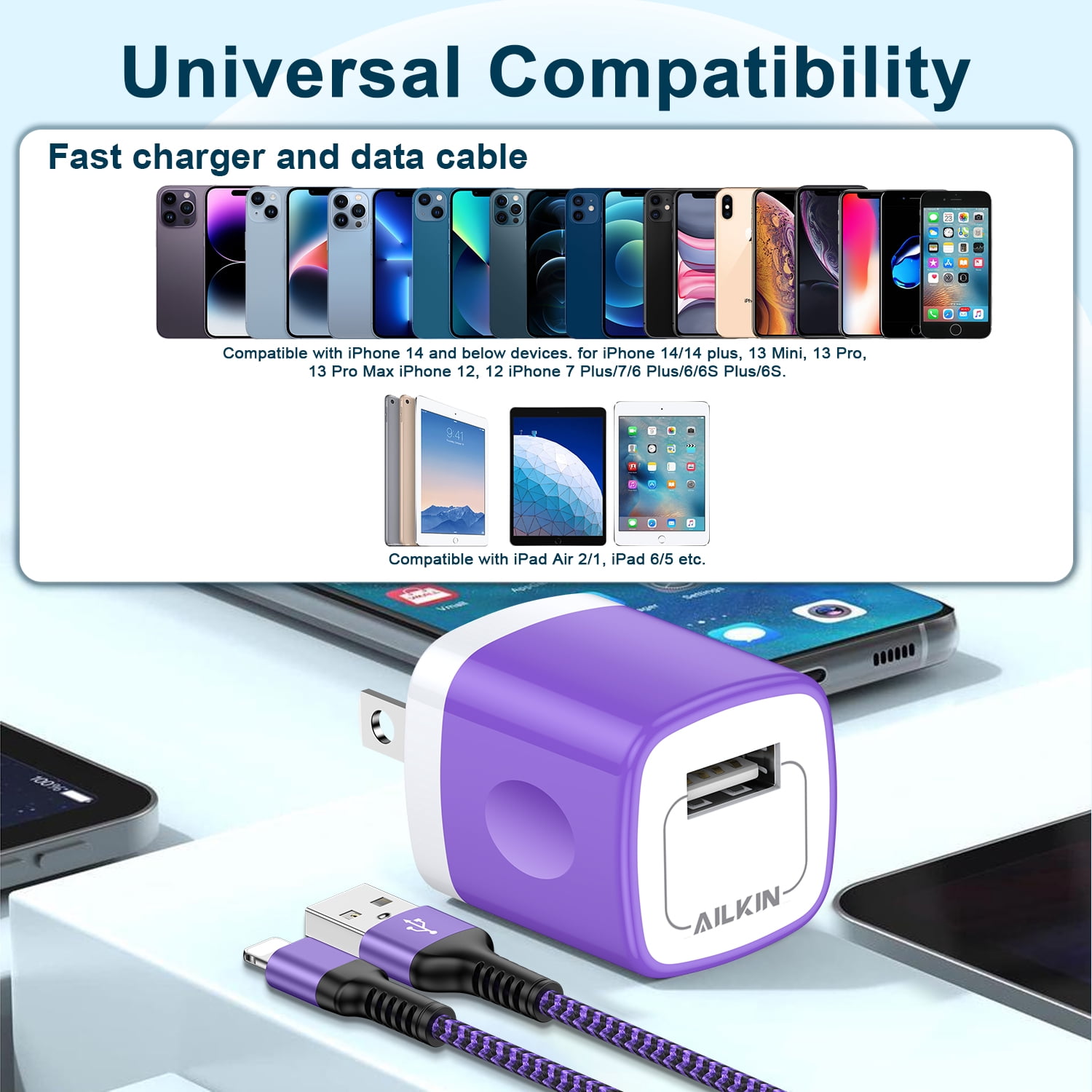 Compatible with iPhone Charger Block Fast Charging AILKIN 2Pack Wall Charger with 6ft Cord Charging Block Plug Power USB Charger Block Adapter Compatible with iPhone 14/13/12/11,Blue+Purple