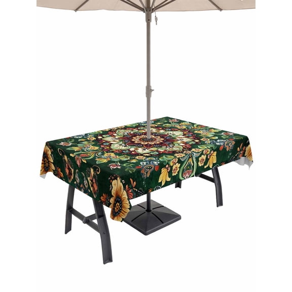 60x84 Inch Outdoor Tablecloth with Umbrella Hole Zipper Rectangle Boho Flower Rectangular Tablecloths Outside Waterproof Bohemian Gorgeous Patterns Ethnic Bohemian Patio Table Cover for Picnic Party