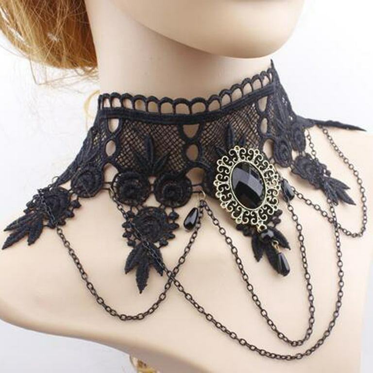 Collares Sexy Gothic Chokers Crystal Black Lace Neck Choker Necklace V