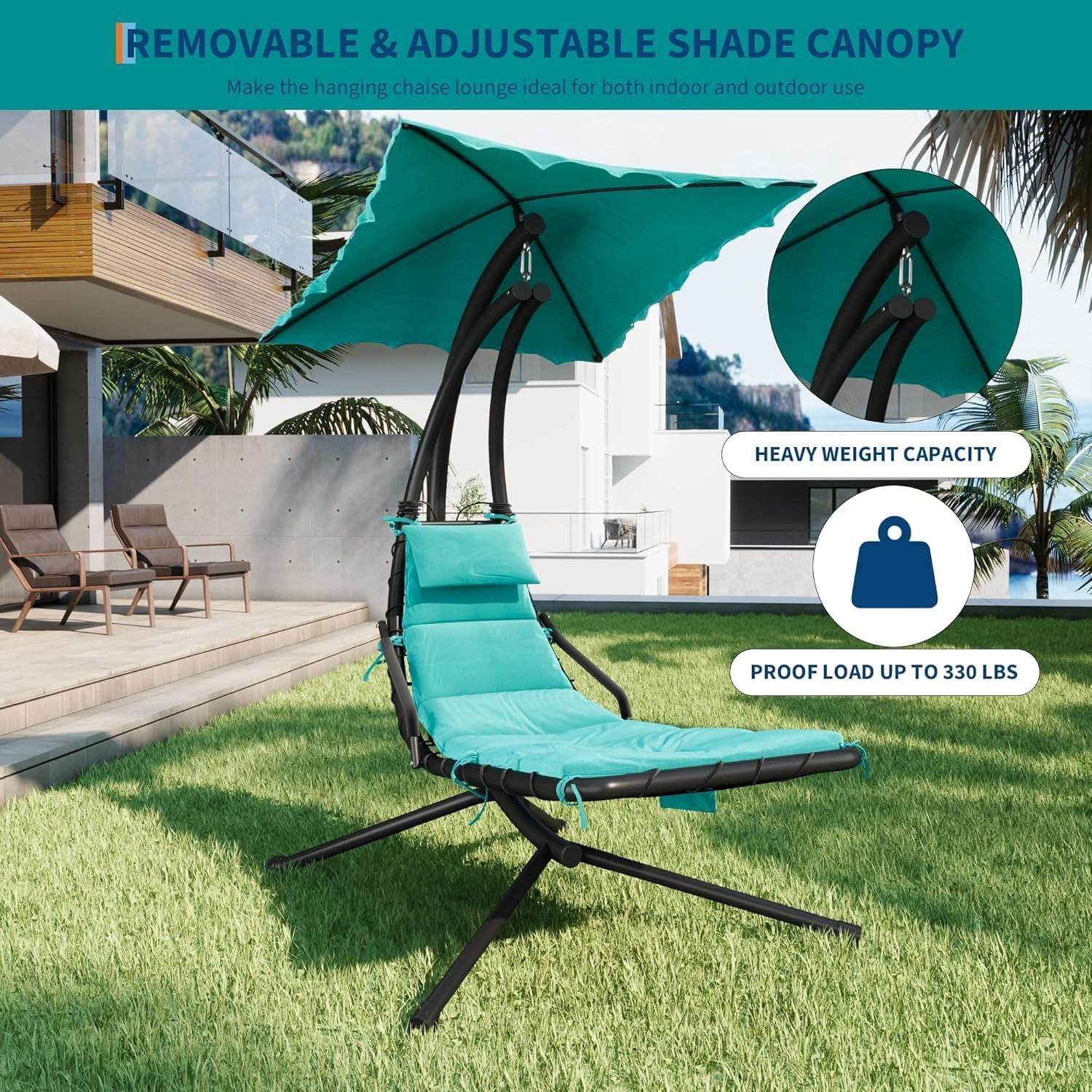 Senfot Dream Hammock, Iron + Cloth Cushion + Sunshade Canopy, Comfortable Outdoor Hammock for Backyard Green