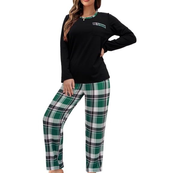 MecTo Pajamas Set for Women Casual Long Sleeve Plaid Crew Neck Sleepwear with Chest Pocket Sleepwear Loungewear,PJ Set 2 Piece (Women's)