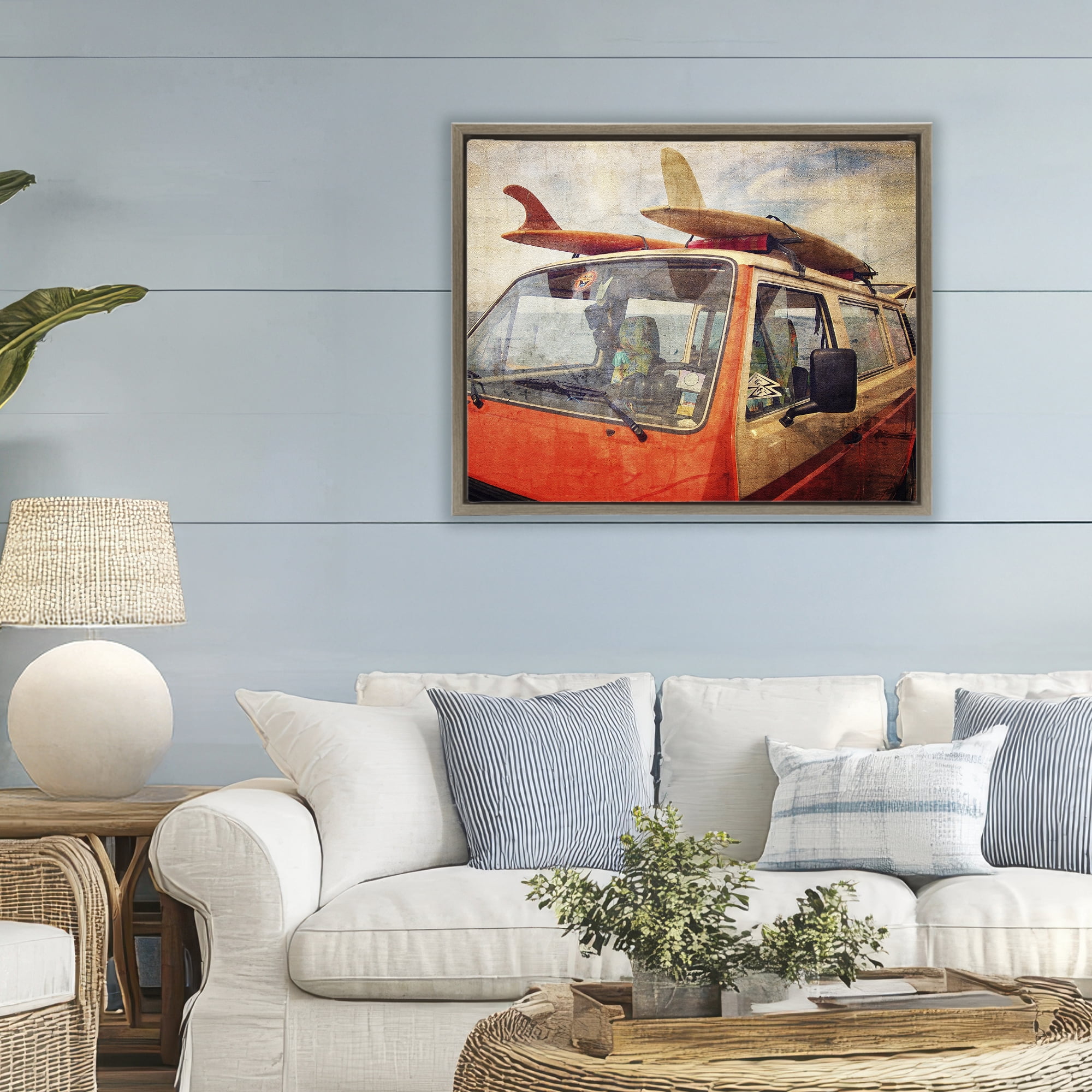 Stupell Industries Surf Bus Vintage Distressed Brown Framed Floater Canvas Wall Art, design by Grotto Studios