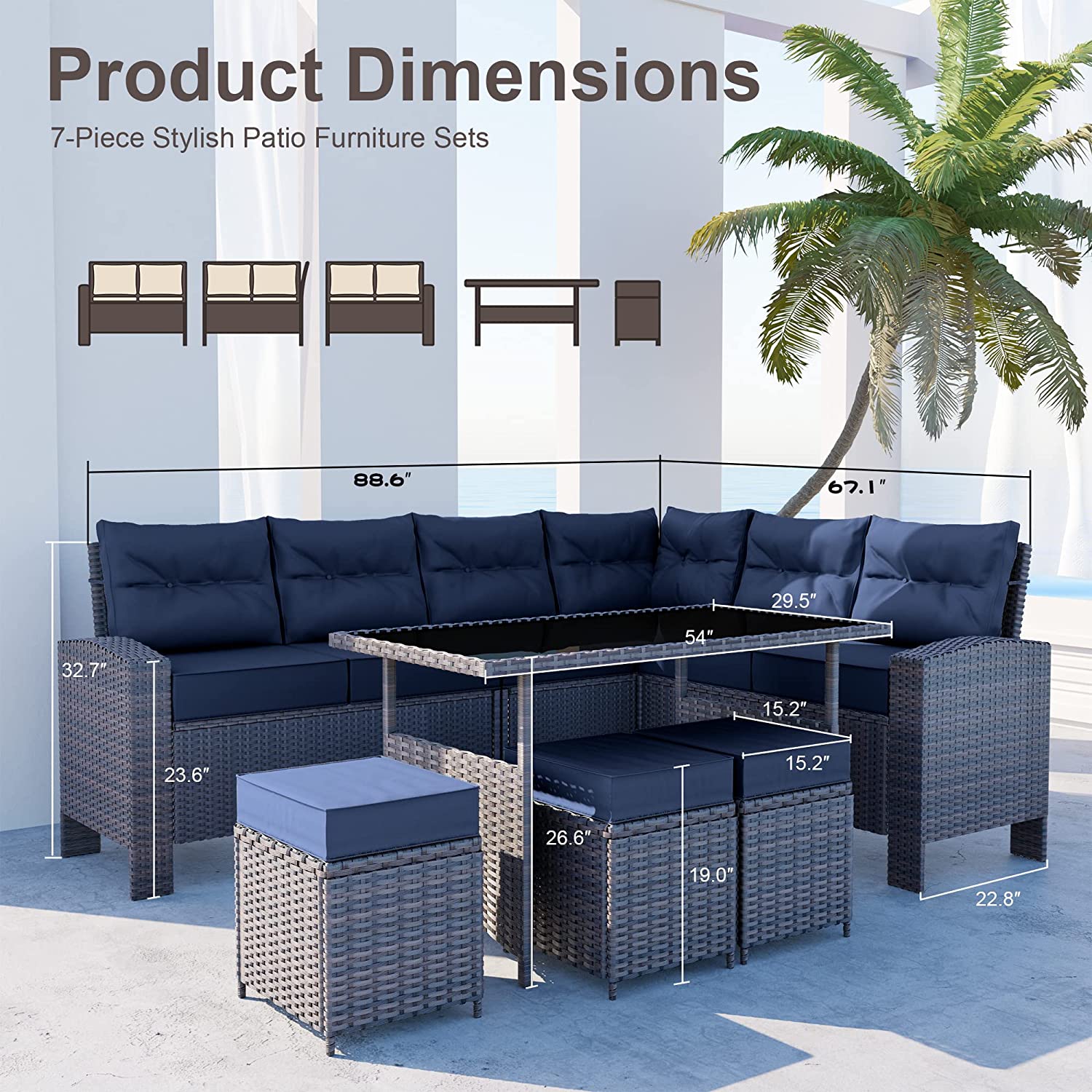 Kullavik 7 Pieces Outdoor Patio Furniture Set, All-Weather Patio Outdoor Dining Conversation Sectional Set with Coffee Table, Wicker Sofas, Ottomans, Removable Cushions,Navy Blue - image 4 of 7