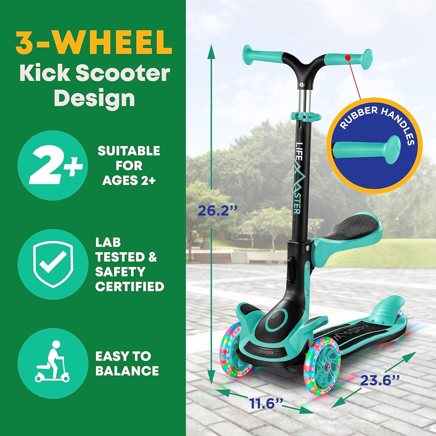 Kids Scooter – Foldable Seat – LED Wheel Lights Illuminate When Rolling – Children and Toddler 3 Wheel Kick Scooter – Adjustable Handlebar – Indoor and Outdoor- Teal - by Lifemaster